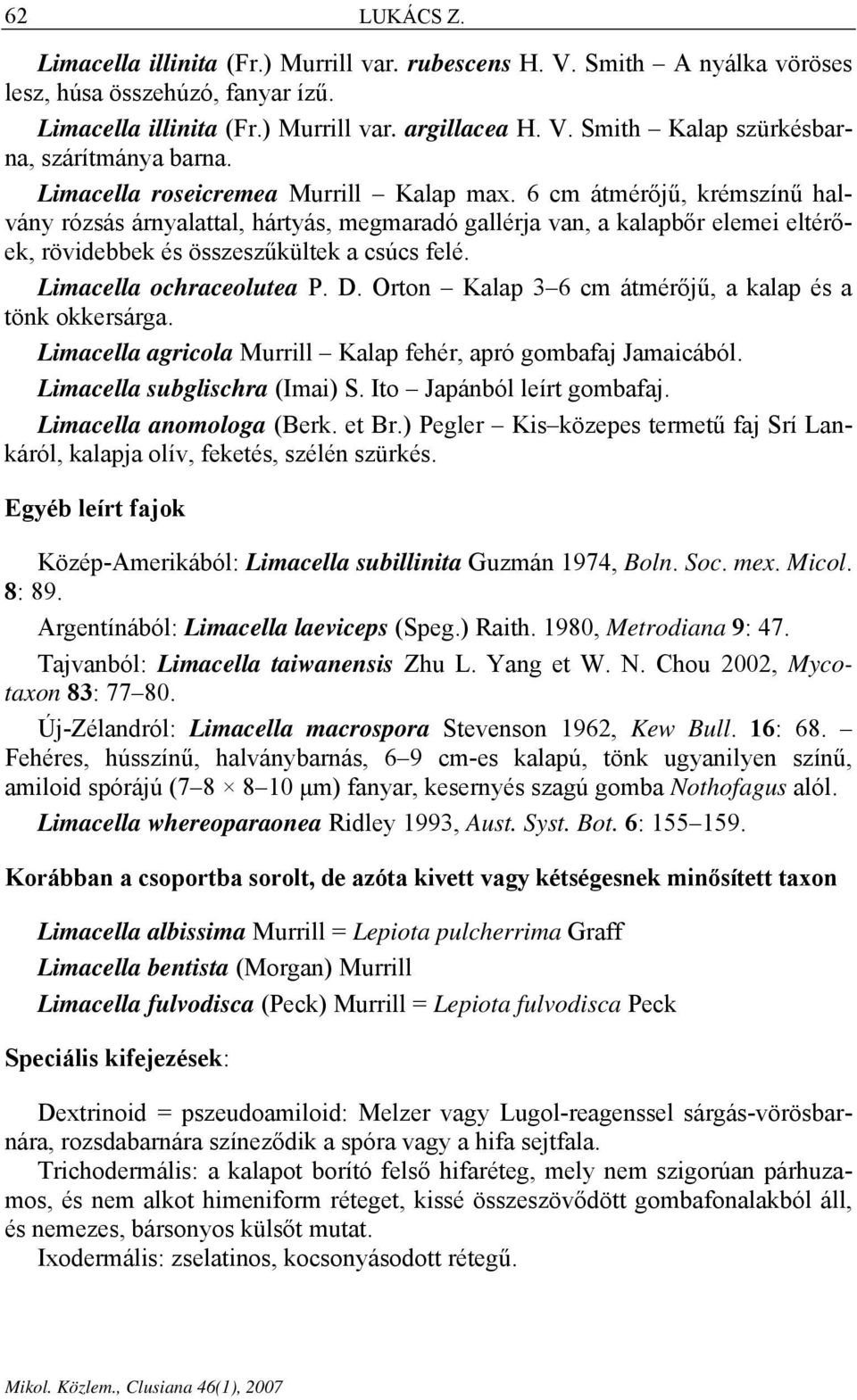 Limacella ochraceolutea P. D. Orton Kalap 3 6 cm átmérőjű, a kalap és a tönk okkersárga. Limacella agricola Murrill Kalap fehér, apró gombafaj Jamaicából. Limacella subglischra (Imai) S.