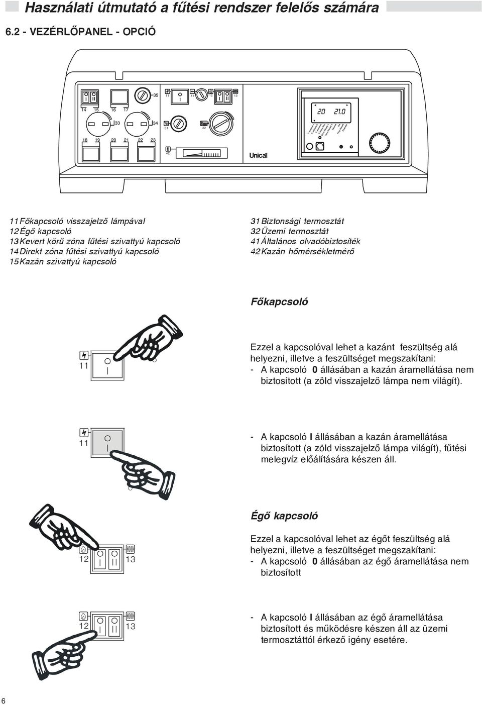 Biztonsági termosztát 32 Üzemi termosztát 41Általános olvadóbiztosíték 42 Kazán hõmérsékletmérõ Fõkapcsoló 11 Ezzel a kapcsolóval lehet a kazánt feszültség alá helyezni, illetve a feszültséget