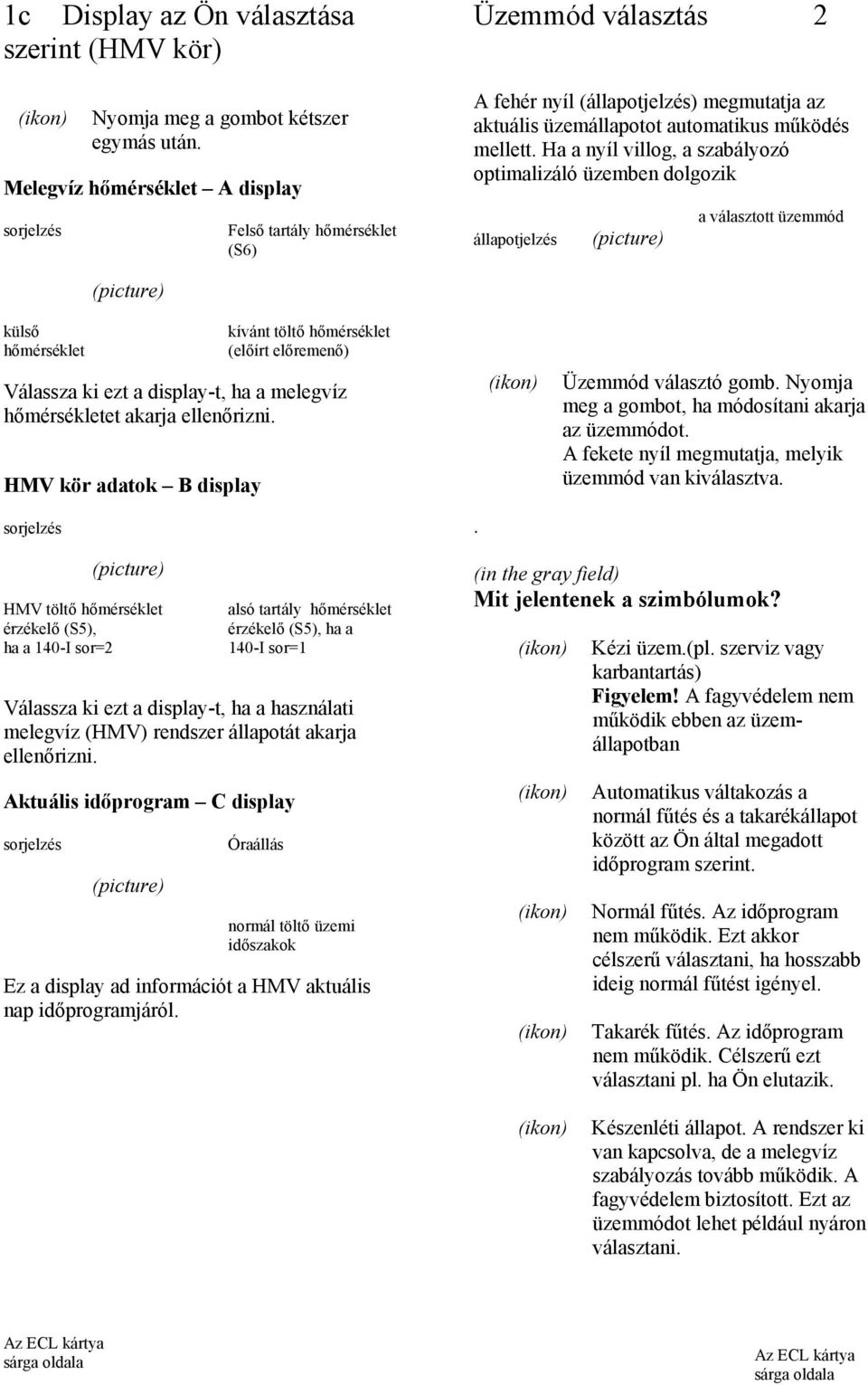 Ha a nyíl villog, a szabályozó optimalizáló üzemben dolgozik állapotjelzés a választott üzemmód külső hőmérséklet kívánt töltő hőmérséklet (előírt előremenő) Válassza ki ezt a display-t, ha a