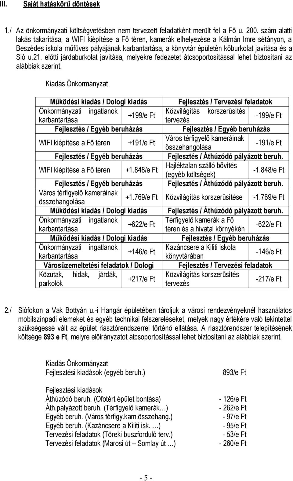 Sió u.21. előtti járdaburkolat javítása, melyekre fedezetet átcsoportosítással lehet biztosítani az alábbiak szerint.