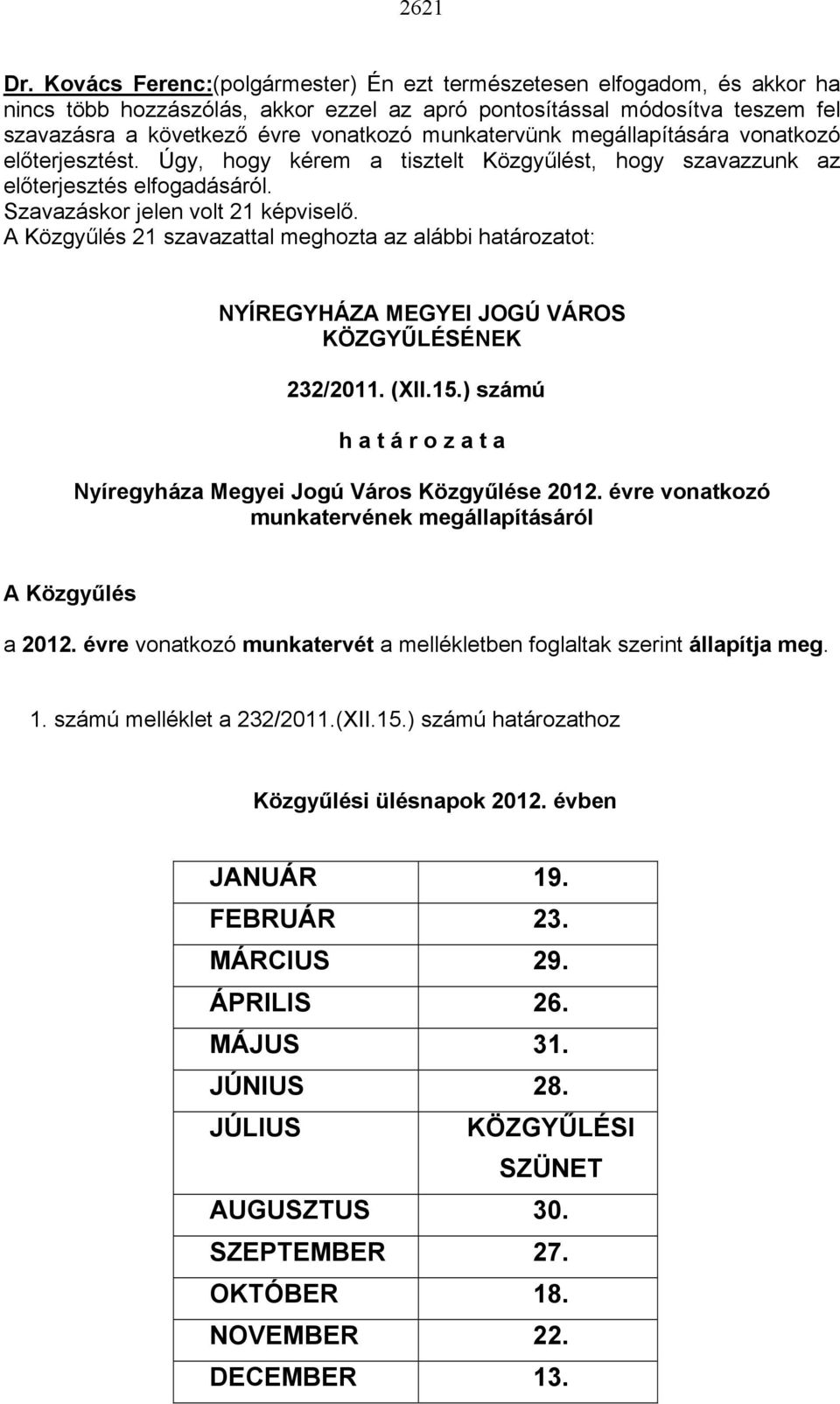 munkatervünk megállapítására vonatkozó előterjesztést. Úgy, hogy kérem a tisztelt Közgyűlést, hogy szavazzunk az előterjesztés elfogadásáról. Szavazáskor jelen volt 21 képviselő.