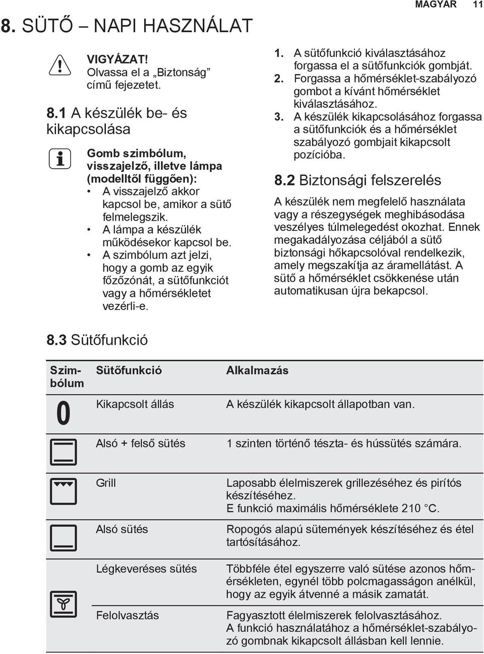 A szimbólum azt jelzi, hogy a gomb az egyik főzőzónát, a sütőfunkciót vagy a hőmérsékletet vezérli-e. 1. A sütőfunkció kiválasztásához forgassa el a sütőfunkciók gombját. 2.