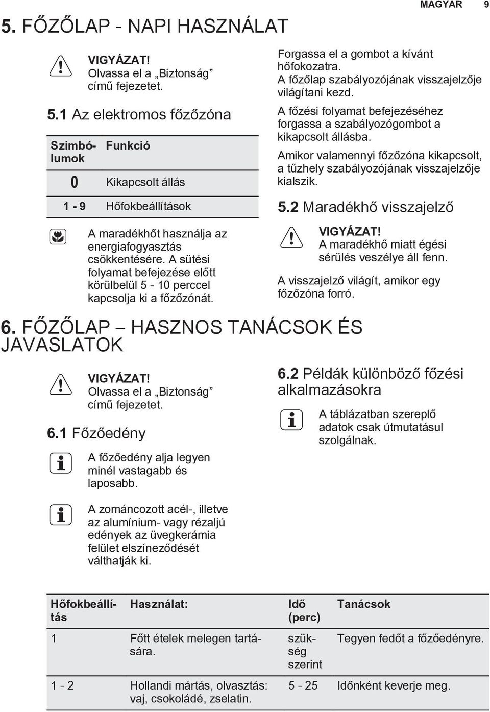 A sütési folyamat befejezése előtt körülbelül 5-10 perccel kapcsolja ki a főzőzónát. Forgassa el a gombot a kívánt hőfokozatra. A főzőlap szabályozójának visszajelzője világítani kezd.