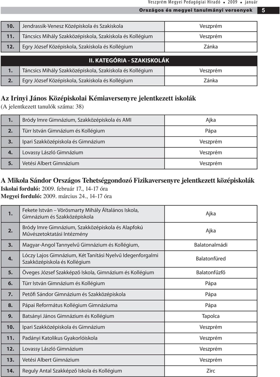 Egry József Középiskola, Szakiskola és Kollégium Zánka Az Irinyi János Középiskolai Kémiaversenyre jelentkezett iskolák (A jelentkezett tanulók száma: 38) 1.