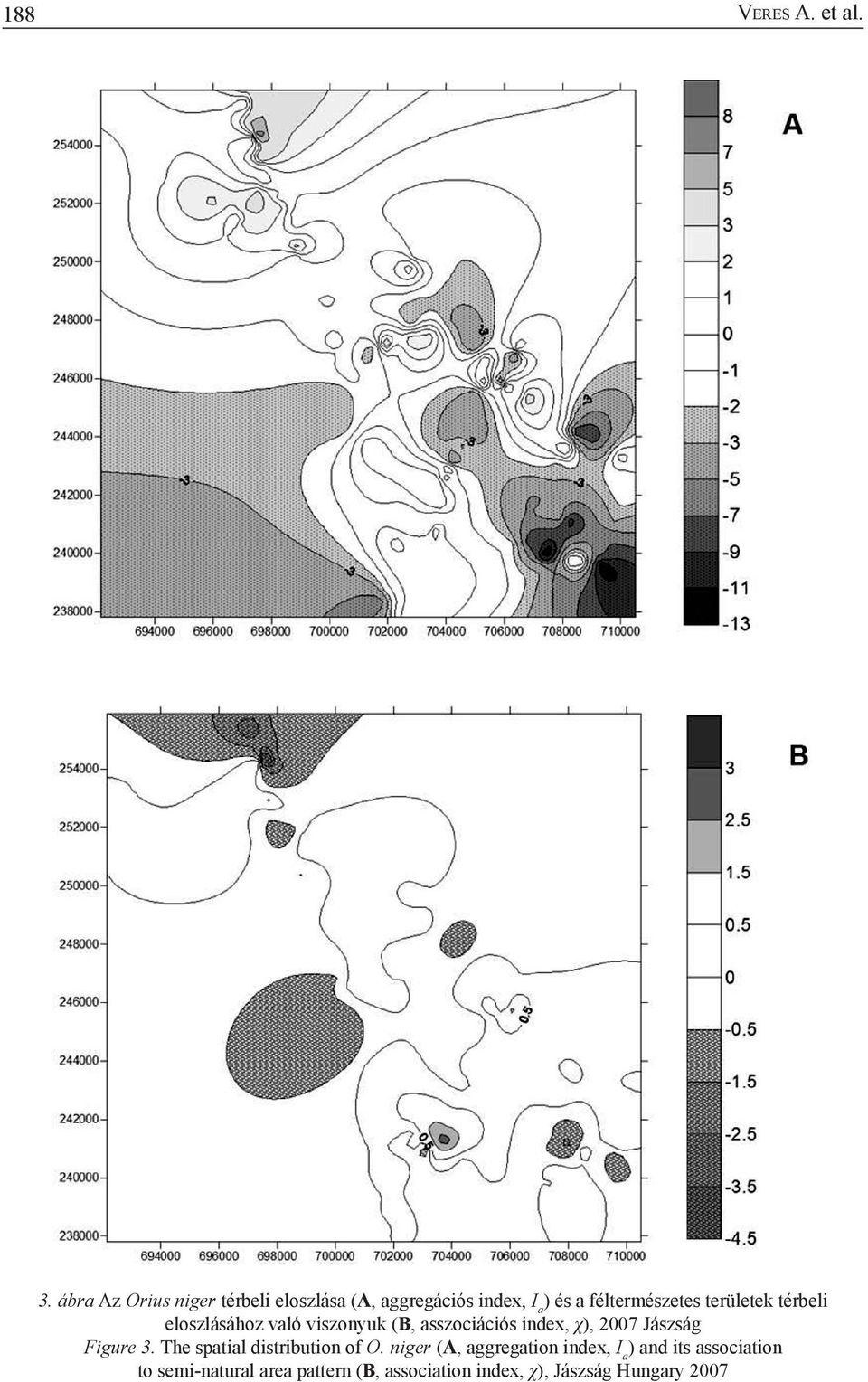 területek térbeli eloszlásához való viszonyuk (B, asszociációs index, χ), 2007 Jászság