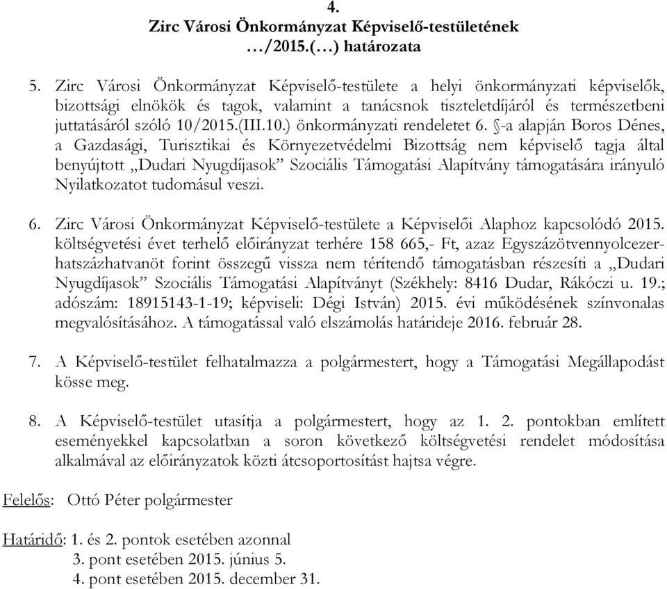 Nyilatkozatot tudomásul veszi. 6. Zirc Városi Önkormányzat Képviselő-testülete a Képviselői Alaphoz kapcsolódó 2015.
