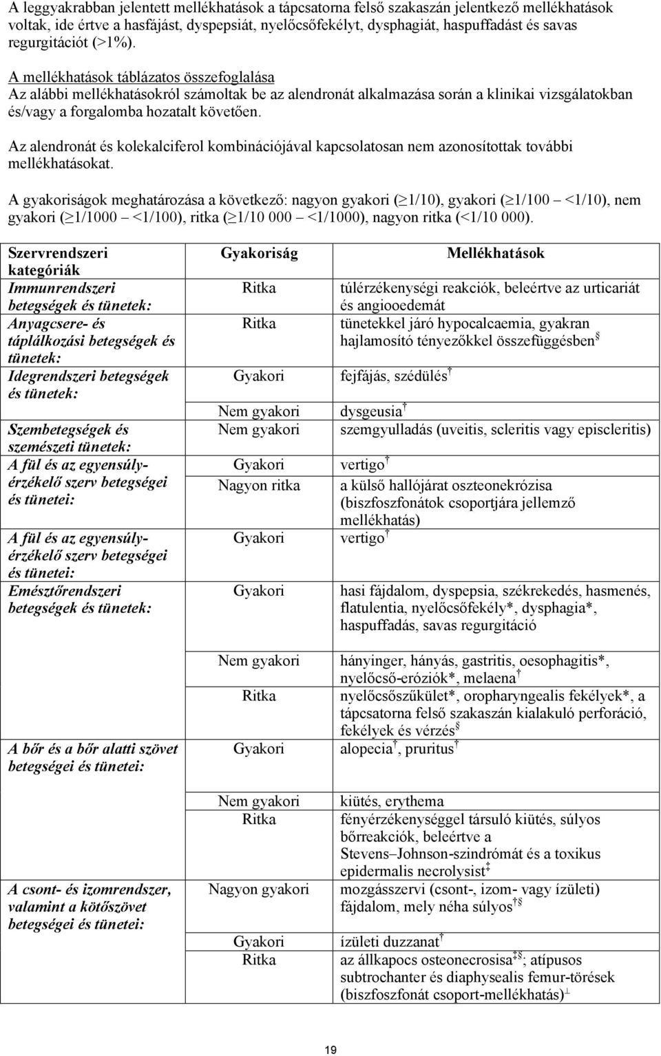 Az alendronát és kolekalciferol kombinációjával kapcsolatosan nem azonosítottak további mellékhatásokat.