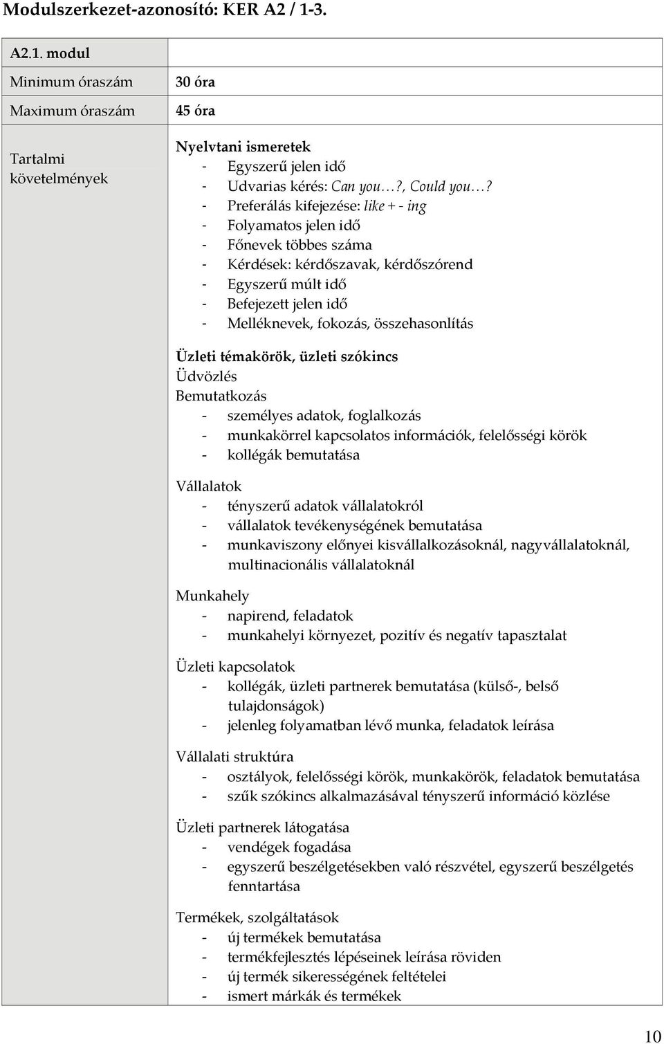 összehasonlítás Üzleti témakörök, üzleti szókincs Üdvözlés Bemutatkozás személyes adatok, foglalkozás munkakörrel kapcsolatos információk, felelősségi körök kollégák bemutatása Vállalatok tényszerű