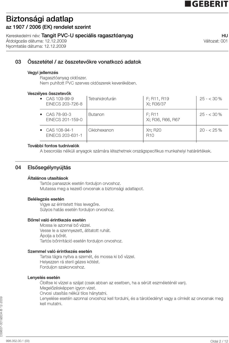 < 25 % EINECS 2036311 R10 További fontos tudnivalók A besorolás nélküli anyagok számára létezhetnek országspecifikus munkahelyi határértékek.