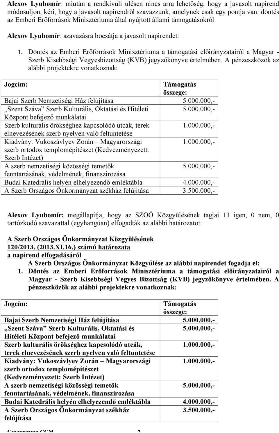 Döntés az Emberi Erőforrások Minisztériuma a támogatási előirányzatairól a Magyar - Szerb Kisebbségi Vegyesbizottság (KVB) jegyzőkönyve értelmében.