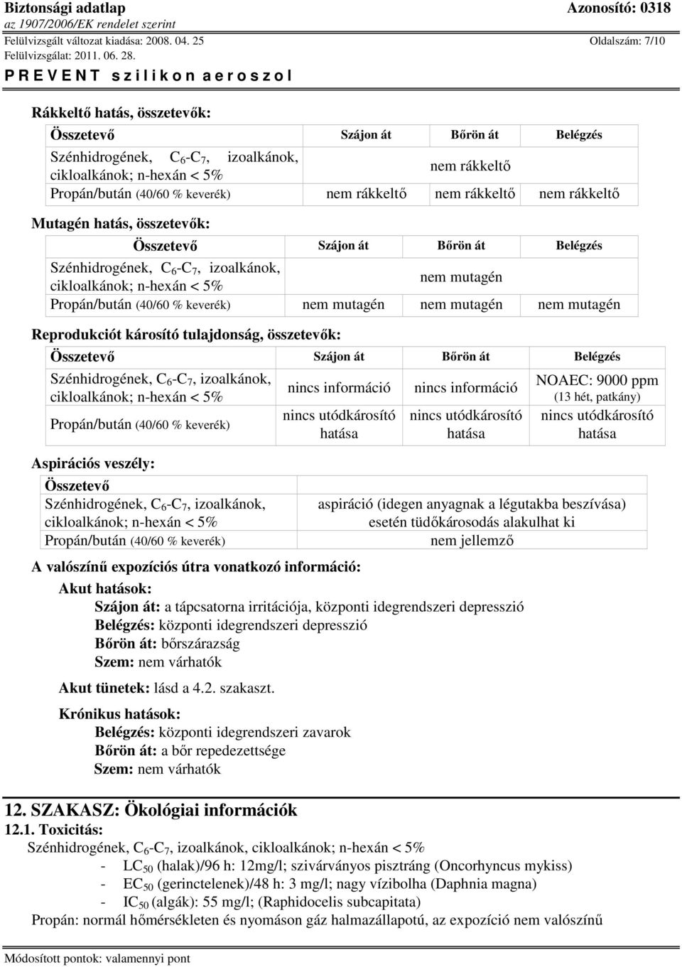 Összetevő Szájon át Bőrön át Belégzés nem mutagén Propán/bután (40/60 % keverék) nem mutagén nem mutagén nem mutagén Reprodukciót károsító tulajdonság, összetevők: Összetevő Szájon át Bőrön át