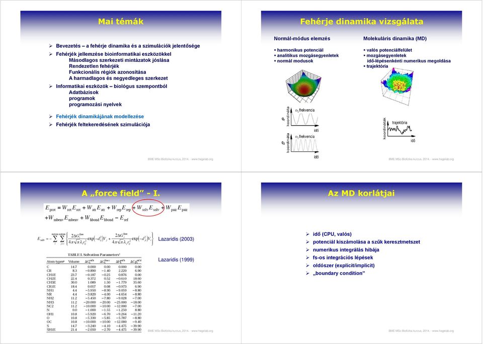 normál modusok Molekuláris dinamika (MD) valós potenciálfelület mozgásegyenletek idő-lépésenkénti numerikus megoldása trajektória A force field - I.