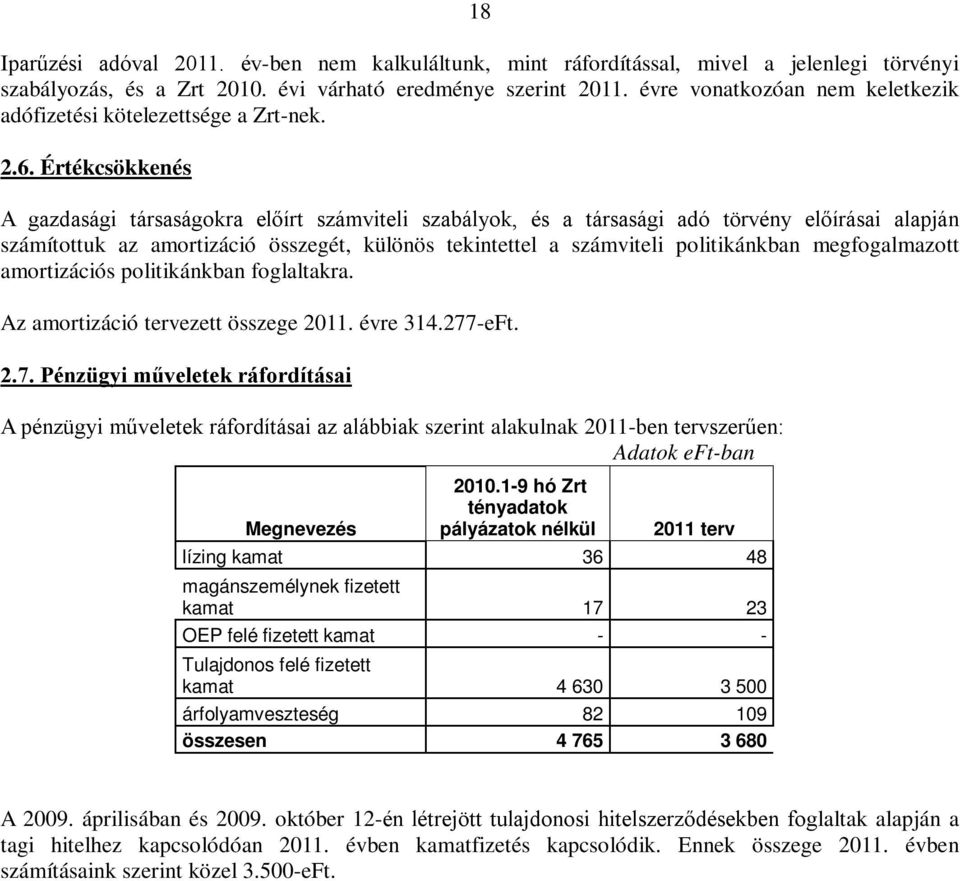 Értékcsökkenés A gazdasági társaságokra előírt számviteli szabályok, és a társasági adó törvény előírásai alapján számítottuk az amortizáció összegét, különös tekintettel a számviteli politikánkban