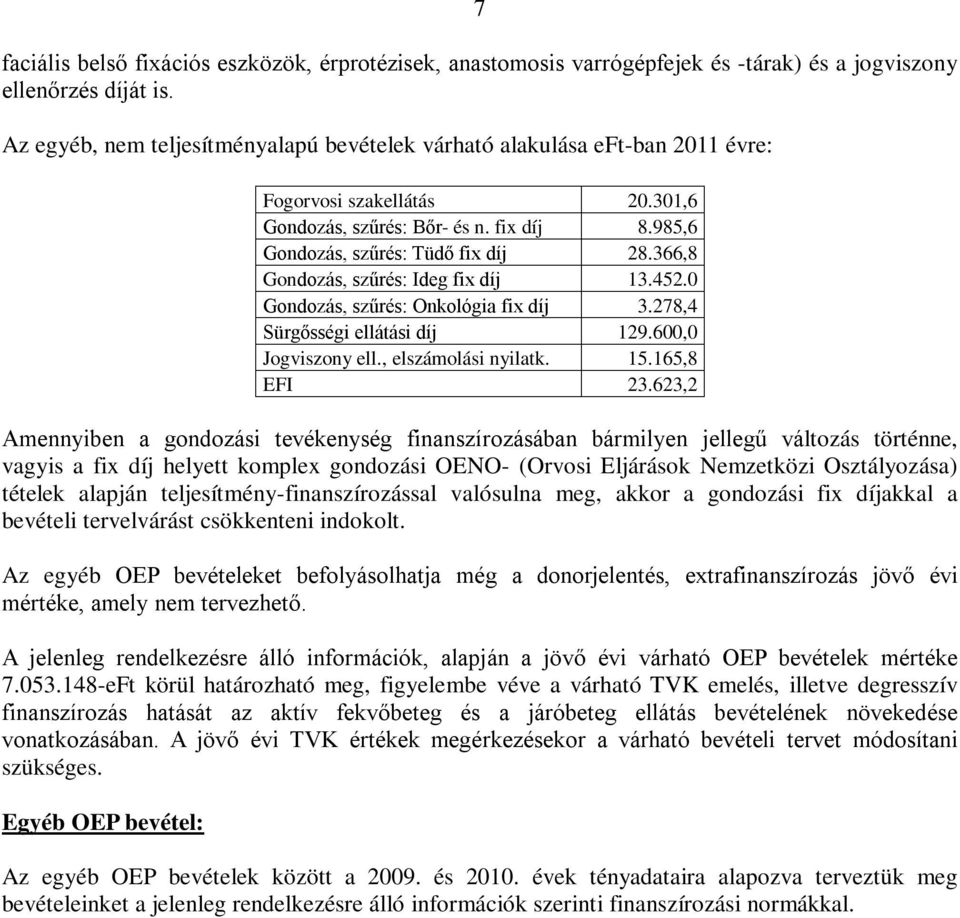 komplex gondozási OENO- (Orvosi Eljárások Nemzetközi Osztályozása) tételek alapján teljesítmény-finanszírozással valósulna meg, akkor a gondozási fix díjakkal a bevételi tervelvárást csökkenteni