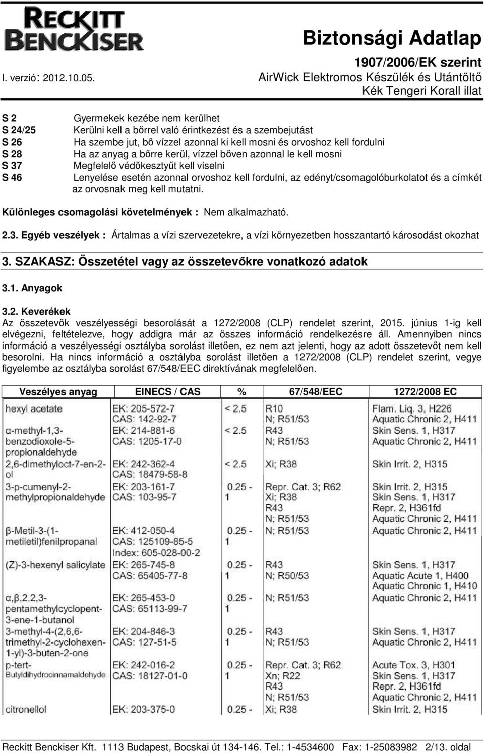 kell mutatni. Különleges csomagolási követelmények : Nem alkalmazható. 2.3. Egyéb veszélyek : Ártalmas a vízi szervezetekre, a vízi környezetben hosszantartó károsodást okozhat 3.