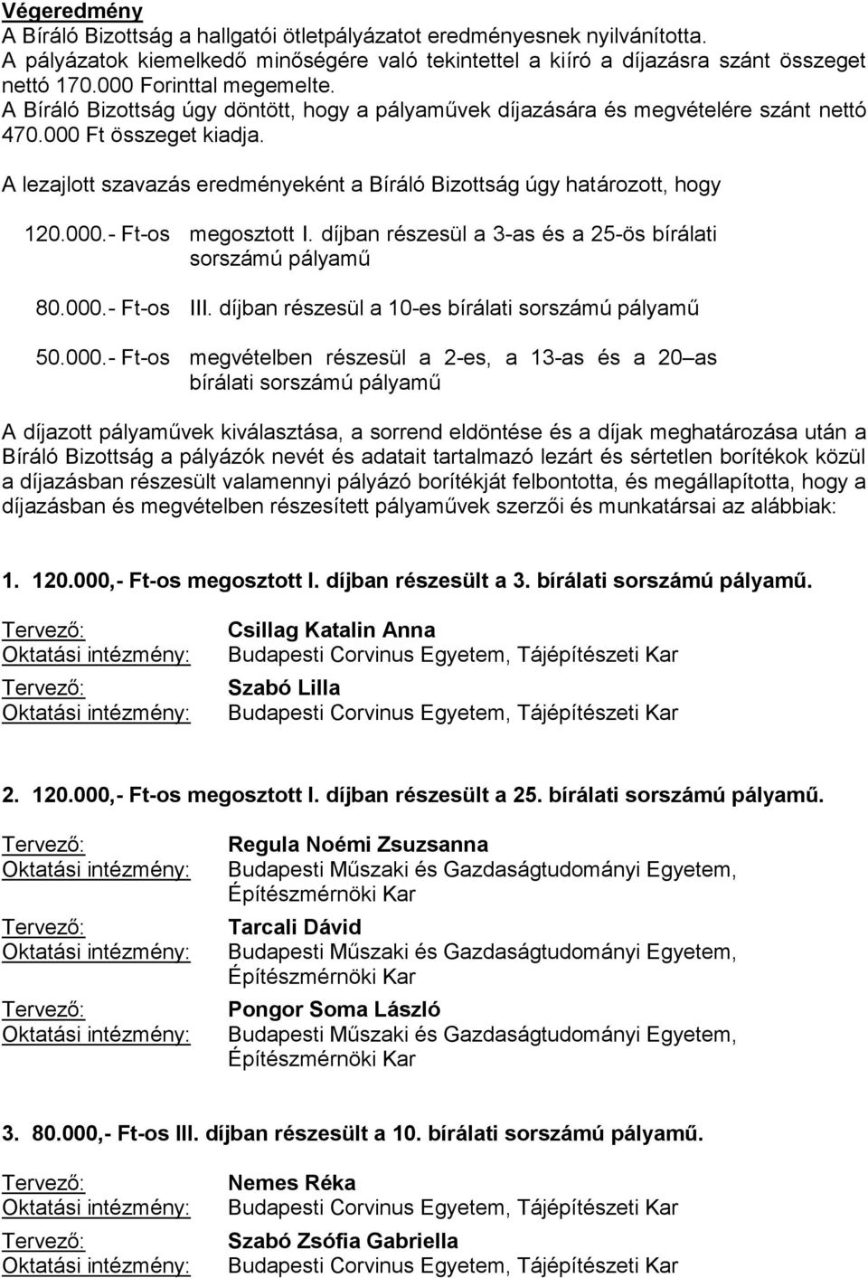 A lezajlott szavazás eredményeként a Bíráló Bizottság úgy határozott, hogy 120.000.- Ft-os megosztott I. díjban részesül a 3-as és a 25-ös bírálati sorszámú pályamű 80.000.- Ft-os III.