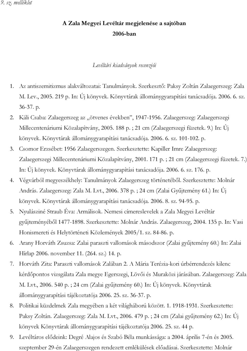 Zalaegerszeg: Zalaegerszegi Millecentenáriumi Közalapítvány, 2005. 188 p. ; 21 cm (Zalaegerszegi füzetek. 9.) In: Új könyvek. Könyvtárak állománygyarapítási tanácsadója. 2006. 6. sz. 101-102. p. 3.