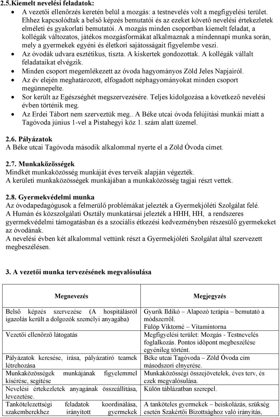 A mozgás minden csoportban kiemelt feladat, a kollégák változatos, játékos mozgásformákat alkalmaznak a mindennapi munka során, mely a gyermekek egyéni és életkori sajátosságait figyelembe veszi.