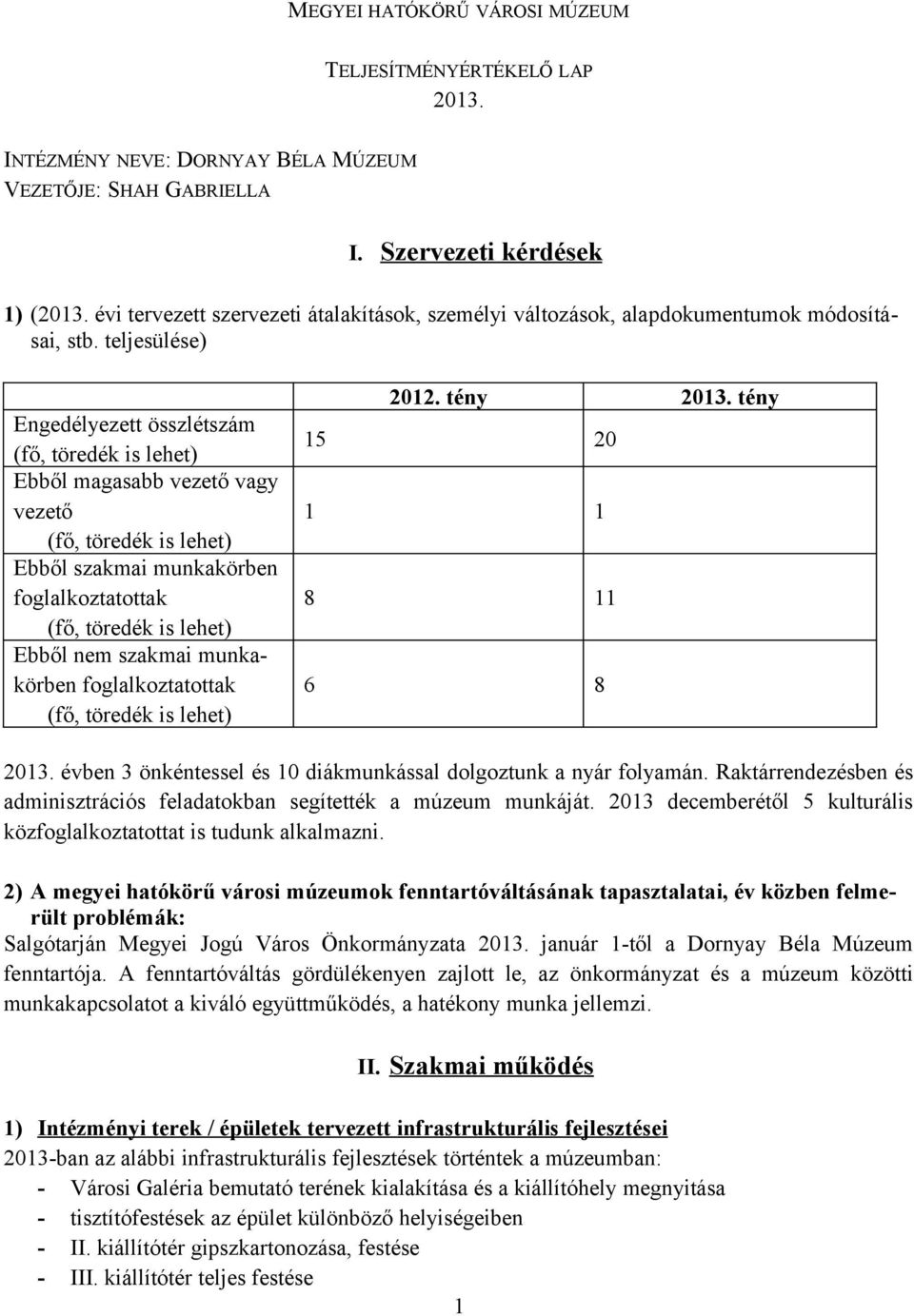 teljesülése) Engedélyezett összlétszám (fő, töredék is lehet) Ebből magasabb vezető vagy vezető (fő, töredék is lehet) Ebből szakmai munkakörben foglalkoztatottak (fő, töredék is lehet) Ebből nem