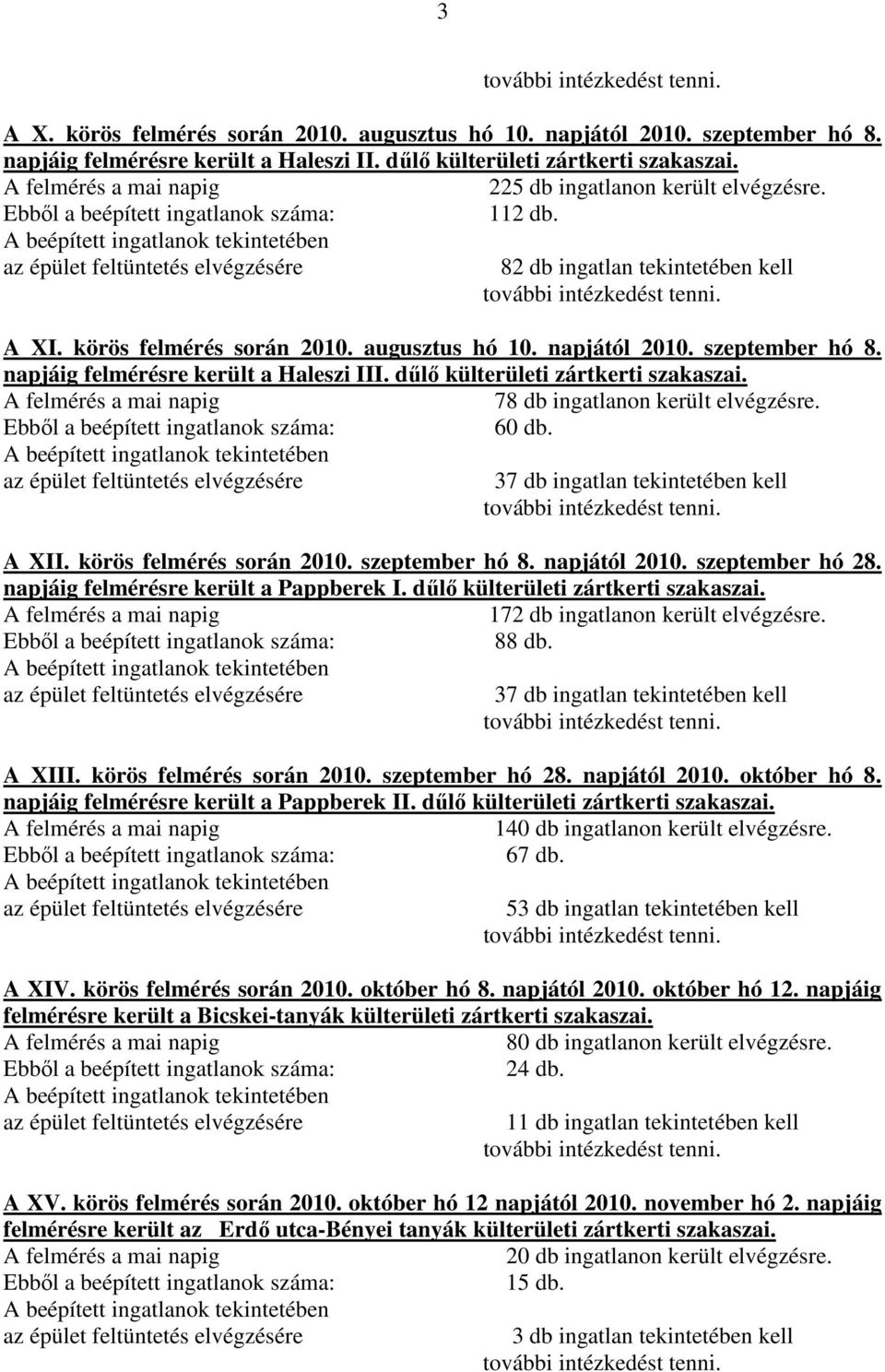 dőlı külterületi zártkerti szakaszai. 78 db ingatlanon került elvégzésre. 60 db. 37 db ingatlan tekintetében kell A XII. körös felmérés során 2010. szeptember hó 8. napjától 2010. szeptember hó 28.