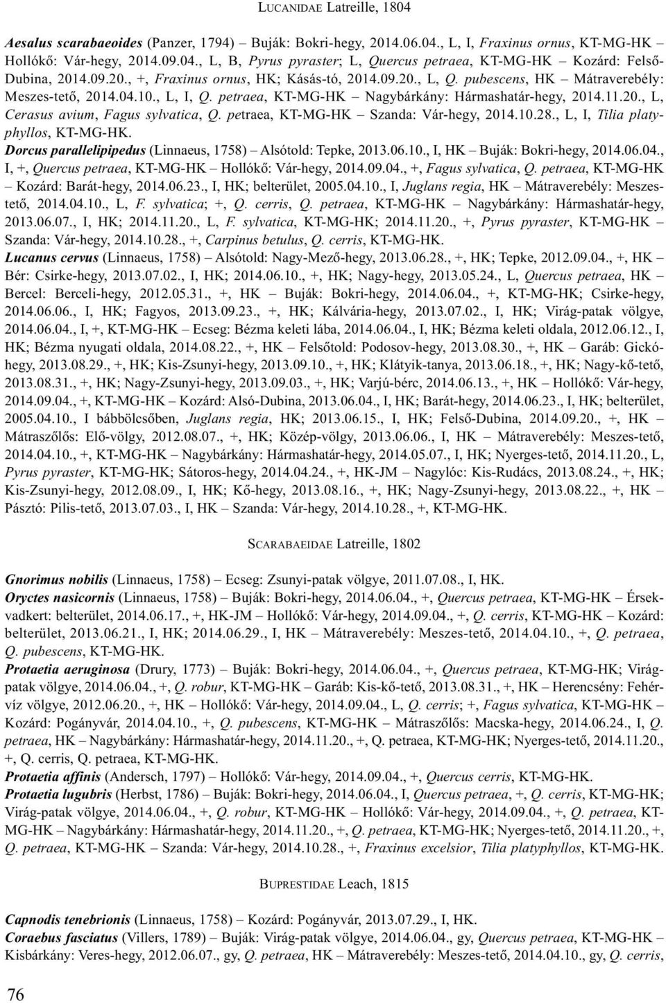 petraea, KT-MG-HK Szanda: Vár-hegy, 2014.10.28., L, I, Tilia platyphyllos, KT-MG-HK. Dorcus parallelipipedus (Linnaeus, 1758) Alsótold: Tepke, 2013.06.10., I, HK Buják: Bokri-hegy, 2014.06.04.