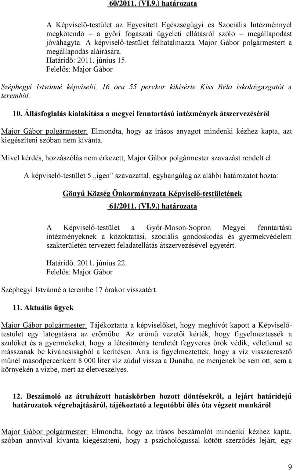 Felelős: Major Gábor Széphegyi Istvánné képviselő, 16 óra 55 perckor kikísérte Kiss Béla iskolaigazgatót a teremből. 10.