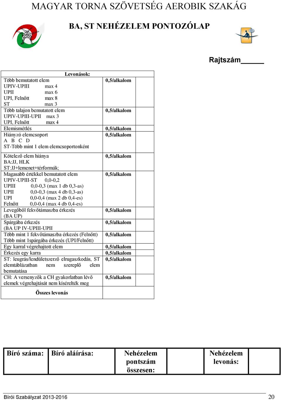 bemutatott elem UPIV-UPIII-ST 0,0-0,2 UPIII 0,0-0,3 (max 1 db 0,3-as) UPII 0,0-0,3 (max 4 db 0,3-as) UPI 0,0-0,4 (max 2 db 0,4-es) Felnőtt 0,0-0,4 (max 4 db 0,4-es) Levegőből fekvőtámaszba érkezés