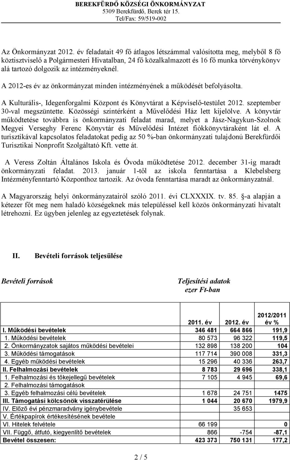 A 2012-es év az önkormányzat minden intézményének a működését befolyásolta. A Kulturális-, Idegenforgalmi Központ és Könyvtárat a Képviselő-testület 2012. szeptember 30-val megszüntette.