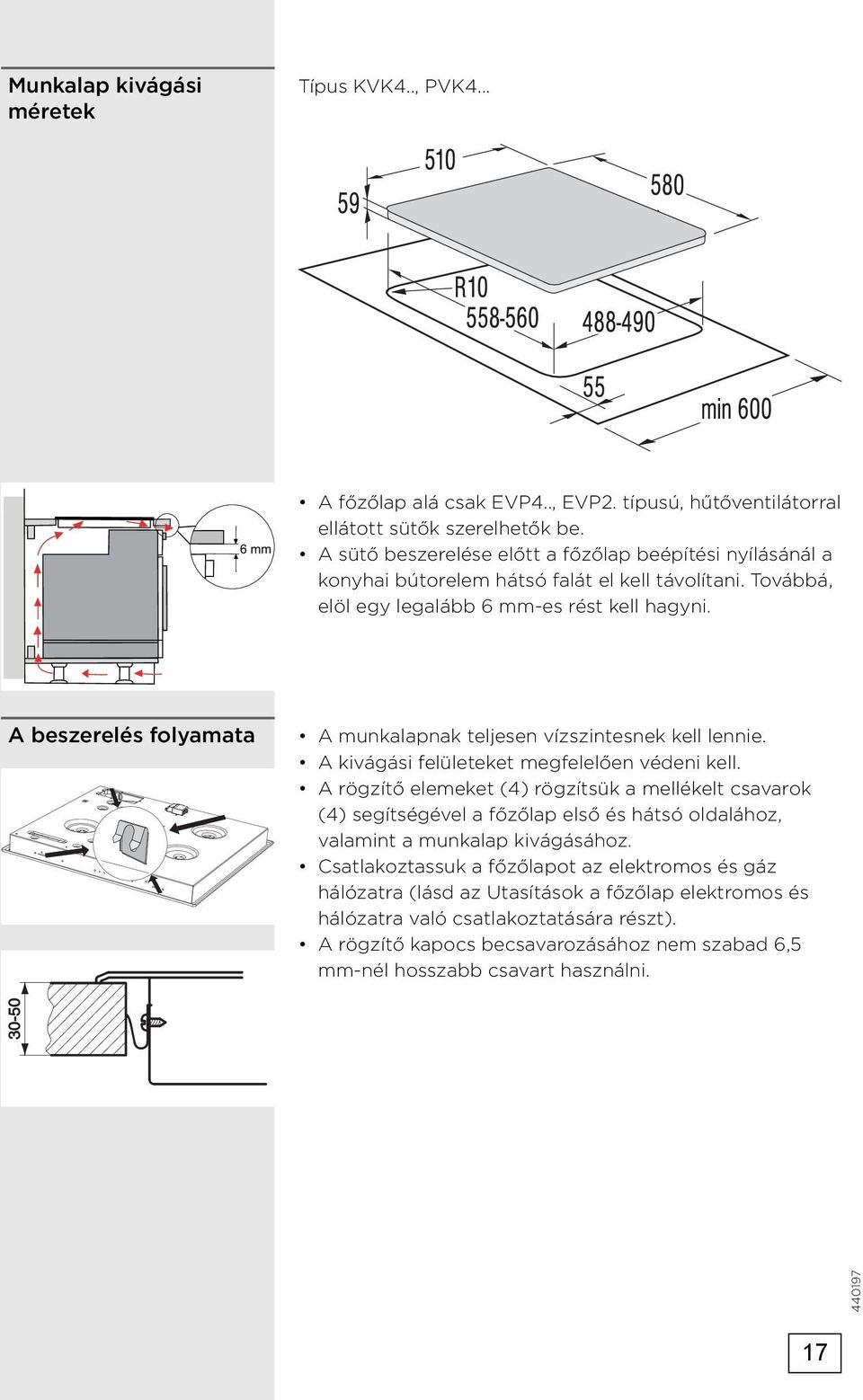 A beszerelés folyamata A munkalapnak teljesen vízszintesnek kell lennie. A kivágási felületeket megfelelően védeni kell.