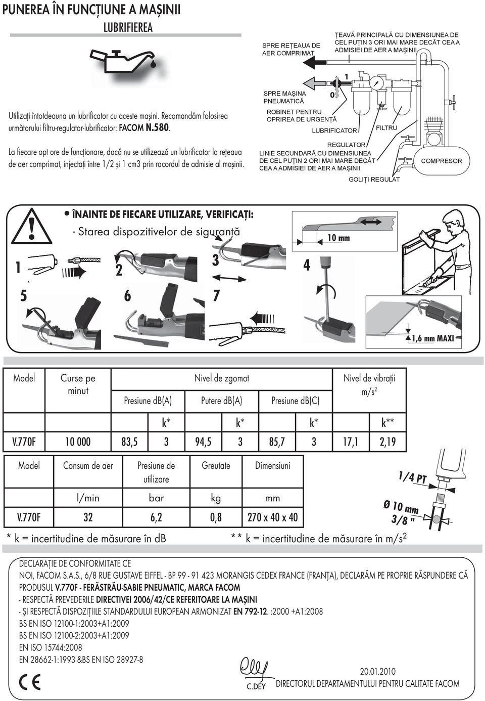 5 ÎNAINTE DE FIECARE UTILIZARE, VERIFICAŢI: - Starea dispozitivelor de siguranţă 1 3 2 4 6 7 10 mm 1,6 mm MAXI Model Curse pe minut Nivel de zgomot Presiune db(a) Putere db(a) Presiune db(c) Nivel de