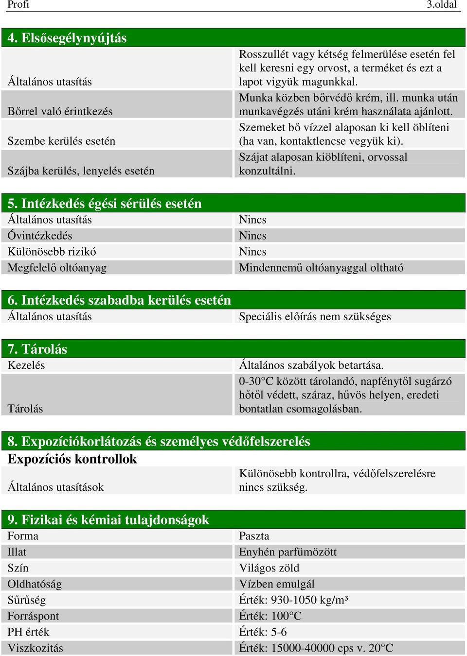 Munka közben bőrvédő krém, ill. munka után munkavégzés utáni krém használata ajánlott. Szemeket bő vízzel alaposan ki kell öblíteni (ha van, kontaktlencse vegyük ki).