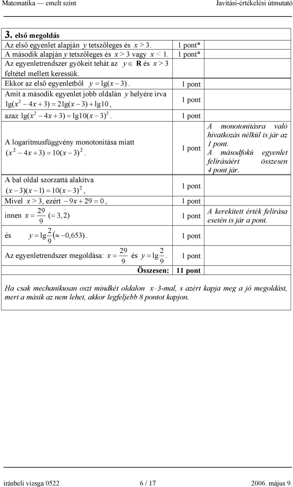 A logaritmusfüggvény monotonitása miatt ( x 4x + 3) = 10( x 3). A bal oldal szorzattá alakítva ( x 3)( x 1) = 10( x 3), Mivel x > 3, ezért 9 x + 9 = 0, 9 innen x = ( = 3, ) 9 és y = lg ( 0,653).