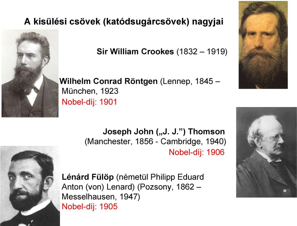 J. ) Thomson (Manchester, 1856 - Cambridge, 1940) Nobel-díj: 1906 Lénárd Fülöp