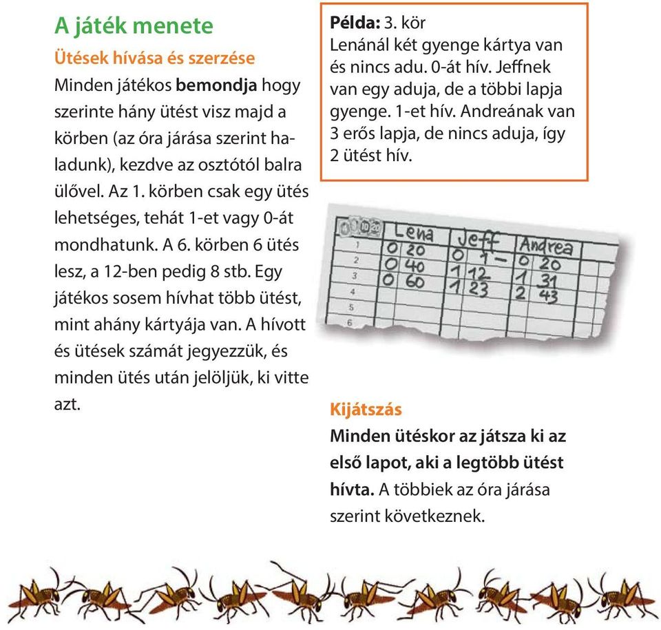 A hívott és ütések számát jegyezzük, és mden ütés után jelöljük, ki vitte azt. Példa: 3. kör Lenánál két gyee kártya van és ncs a. 0-át hív.