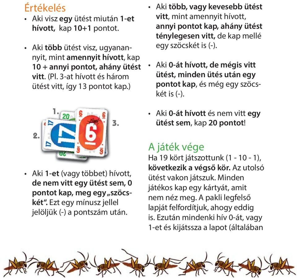 Aki több, vagy kevesebb üté vitt, mt annyit hívott, annyi ptot kap, ahány üté ténylegesen vitt, de kap llé egy szöcskét (-).