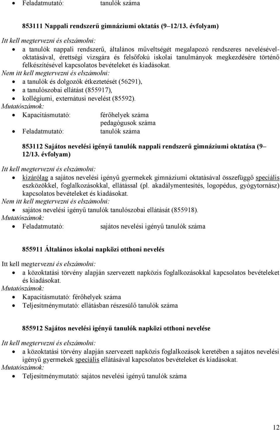 tanulók és dolgozók étkeztetését (56291), a tanulószobai ellátást (855917), kollégiumi, externátusi nevelést (85592).