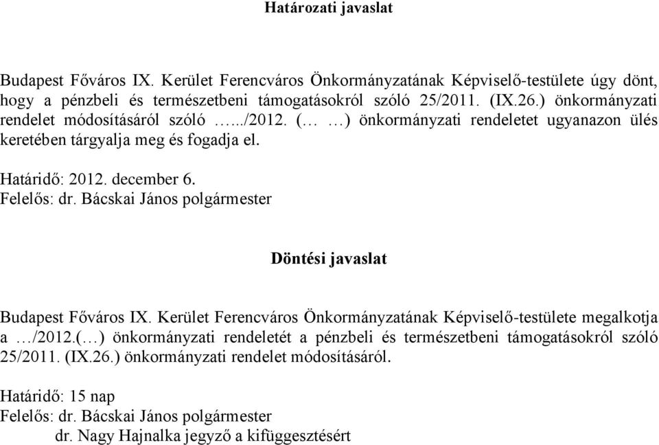 Bácskai János polgármester Döntési javaslat Budapest Főváros IX. Kerület Ferencváros Önkormányzatának Képviselő-testülete megalkotja a /2012.