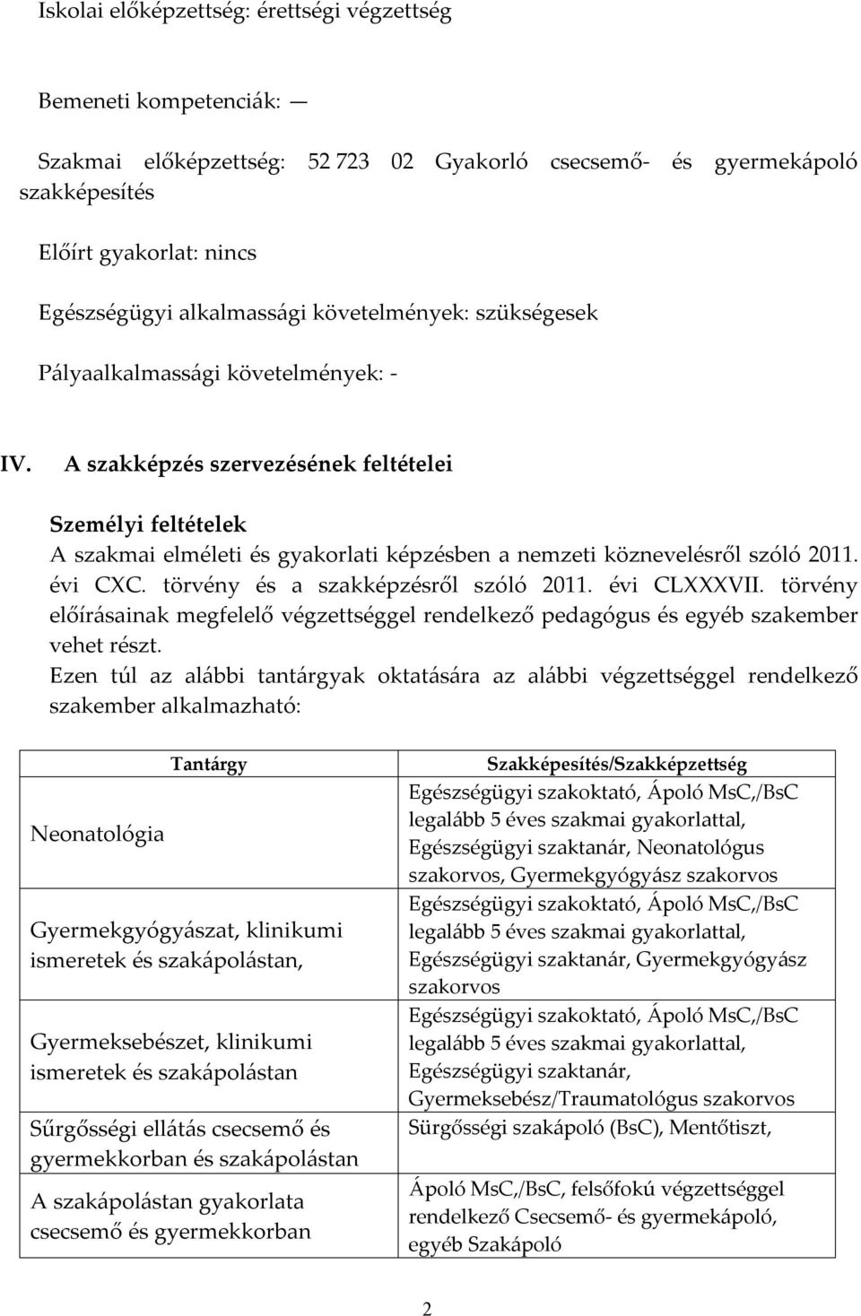 A szakképzés szervezésének feltételei Személyi feltételek A szakmai elméleti és gyakorlati képzésben a nemzeti köznevelésről szóló 2011. évi CXC. törvény és a szakképzésről szóló 2011. évi CLXXXVII.