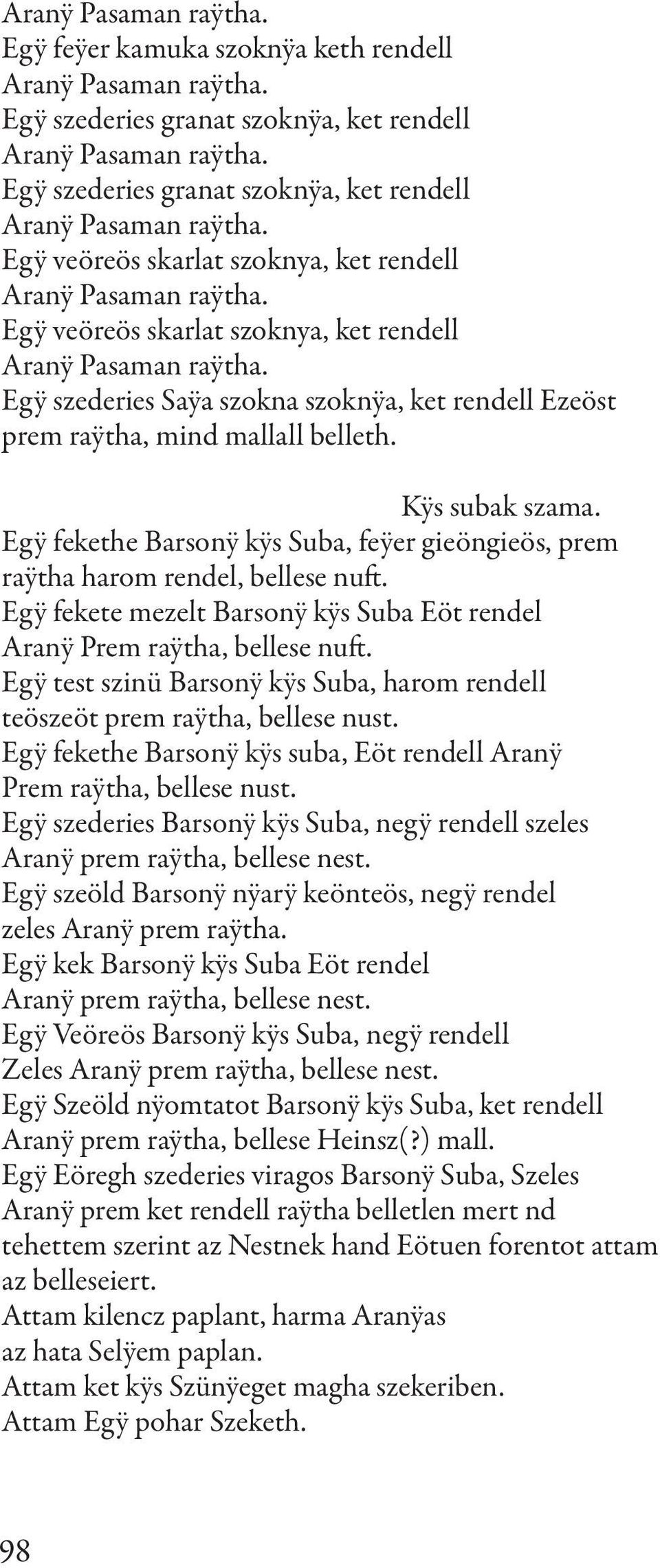 Egÿ fekethe Barsonÿ kÿs Suba, feÿer gieöngieös, prem raÿtha harom rendel, bellese nuft. Egÿ fekete mezelt Barsonÿ kÿs Suba Eöt rendel Aranÿ Prem raÿtha, bellese nuft.