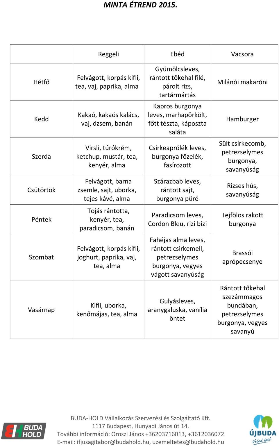 banán Kapros burgonya leves, marhapörkölt, főtt tészta, káposzta saláta Hamburger Szerda Virsli, túrókrém, ketchup, mustár, tea, kenyér, alma Csirkeaprólék leves, burgonya főzelék, fasírozott Sült