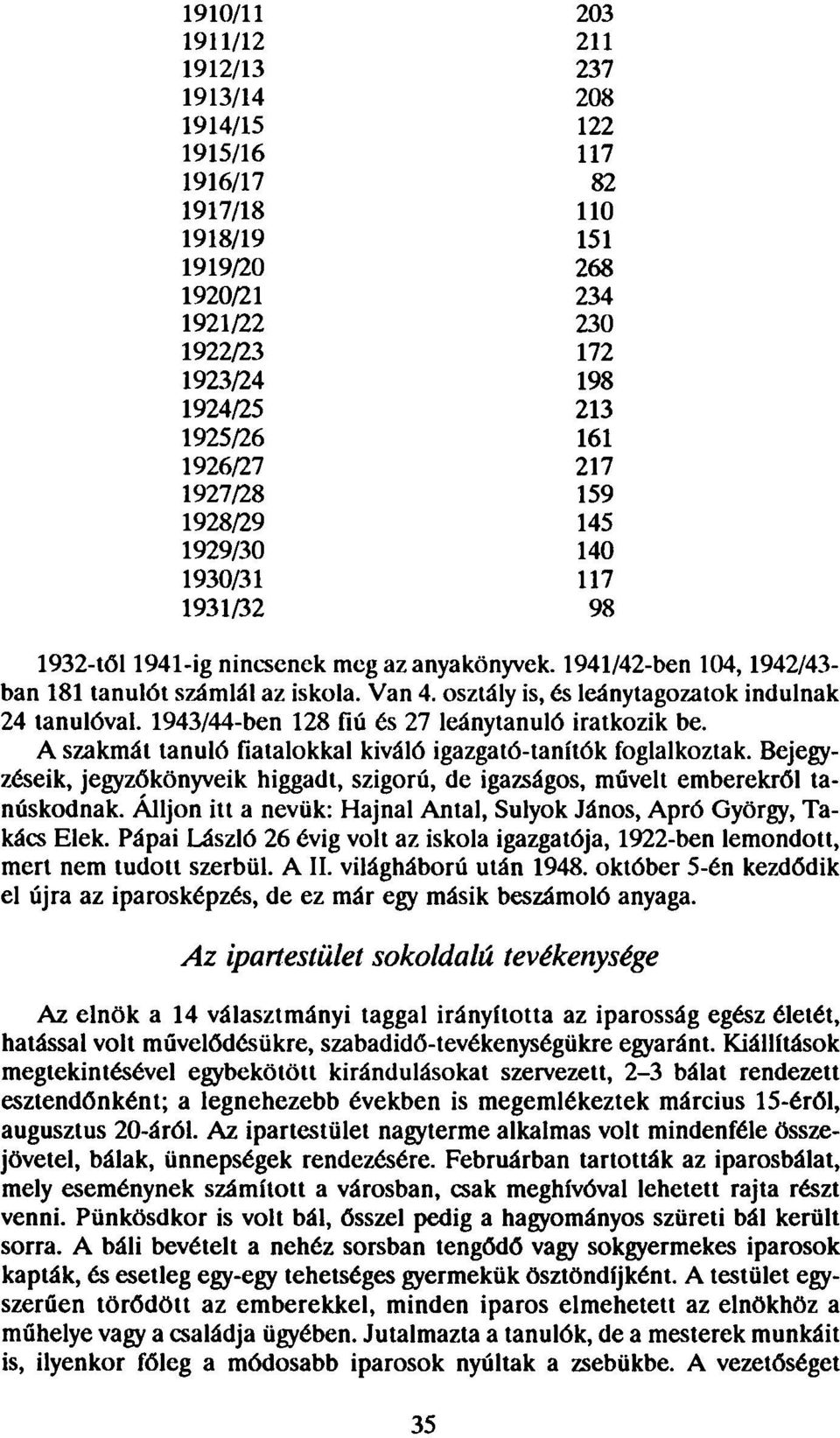 osztály is, és leánytagozatok indulnak 24 tanulóval. 1943/44-ben 128 fiú és 27 leánytanuló iratkozik be. A szakmát tanuló fiatalokkal kiváló igazgató-tanítók foglalkoztak.