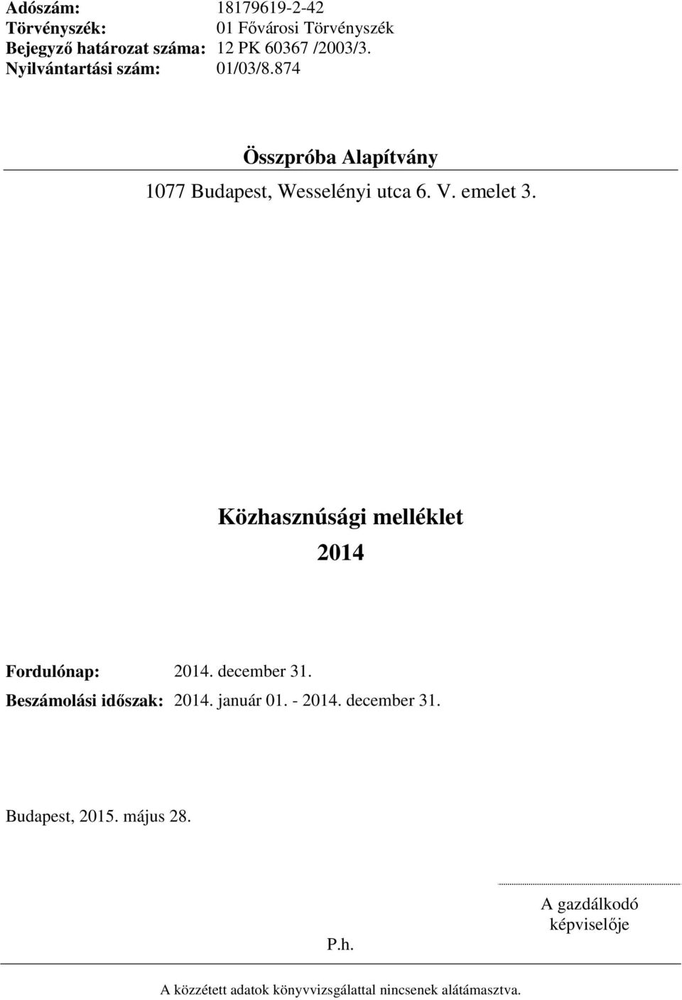 2014 Fordulónap: 2014. december 31. Beszámolási időszak: 2014. január 01. - 2014. december 31. Budapest, 2015.