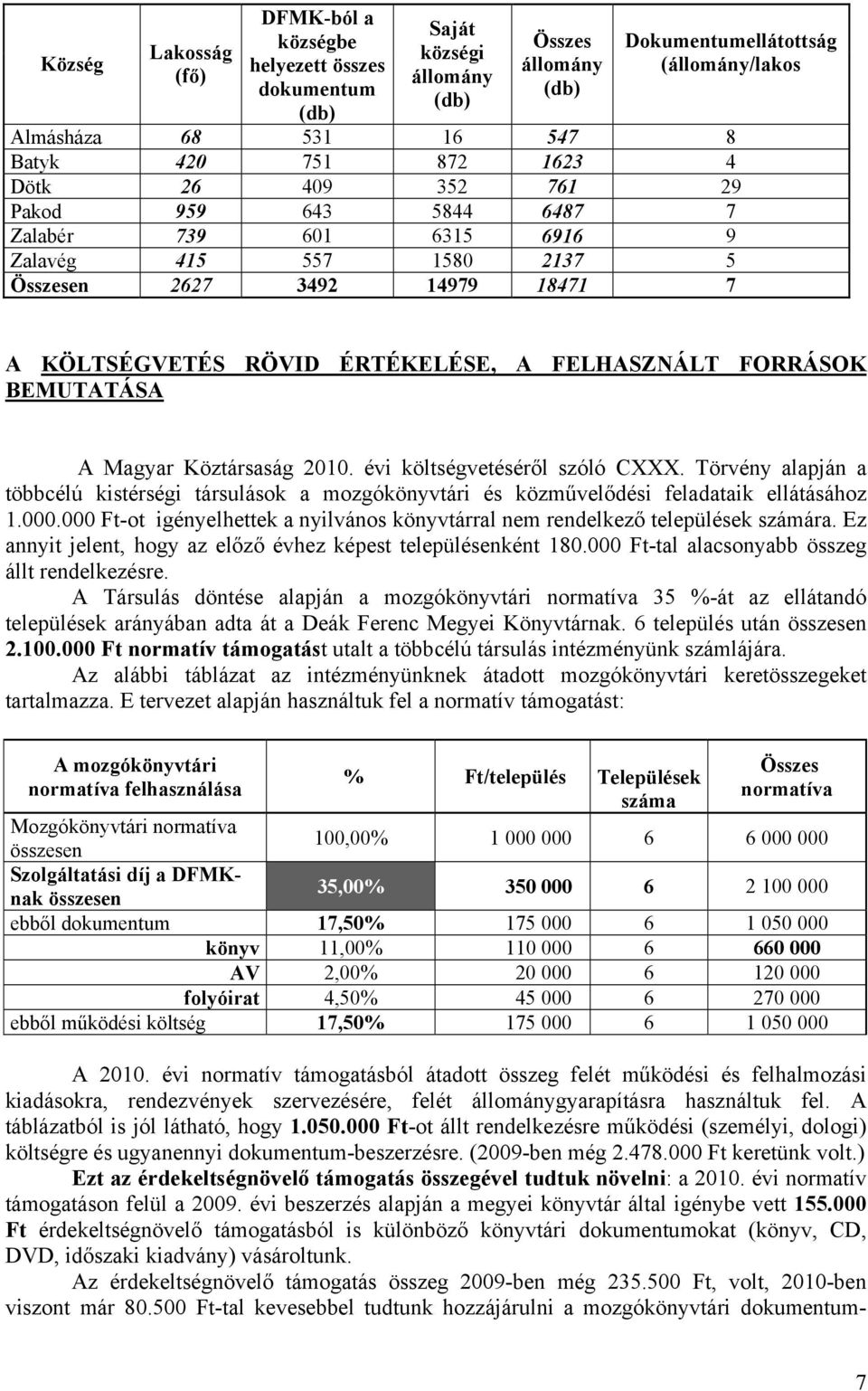 FORRÁSOK BEMUTATÁSA A Magyar Köztársaság 2010. évi költségvetéséről szóló CXXX. Törvény alapján a többcélú kistérségi társulások a mozgókönyvtári és közművelődési feladataik ellátásához 1.000.