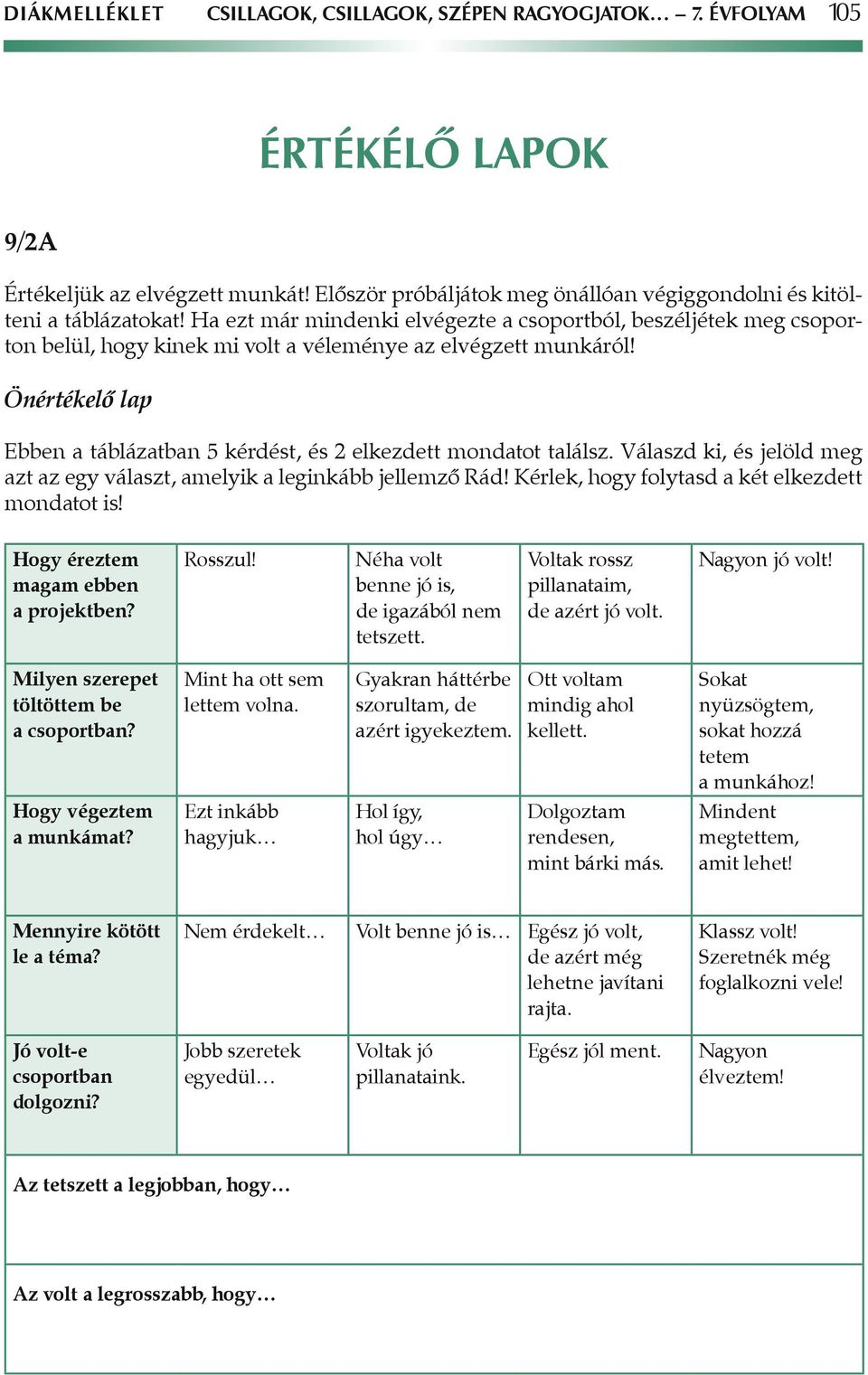 Önértékelô lap Ebben a táblázatban 5 kérdést, és 2 elkezdett mondatot találsz. Válaszd ki, és jelöld meg azt az egy választ, amelyik a leginkább jellemzô Rád!