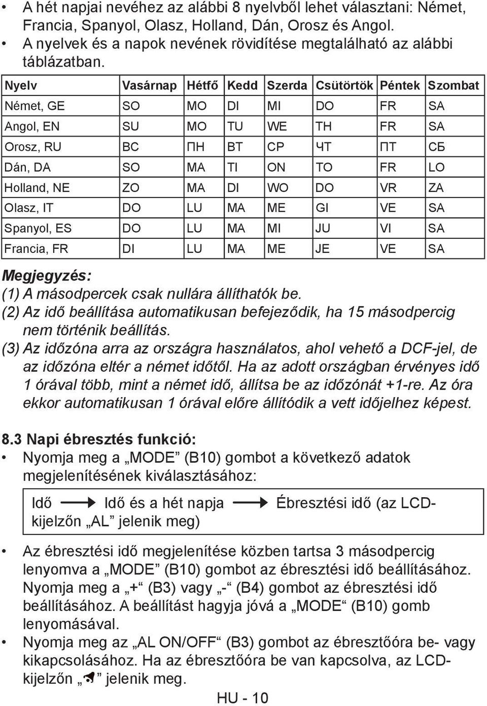 DI WO DO VR ZA Olasz, IT DO LU MA ME GI VE SA Spanyol, ES DO LU MA MI JU VI SA Francia, FR DI LU MA ME JE VE SA Megjegyzés: (1) A másodpercek csak nullára állíthatók be.