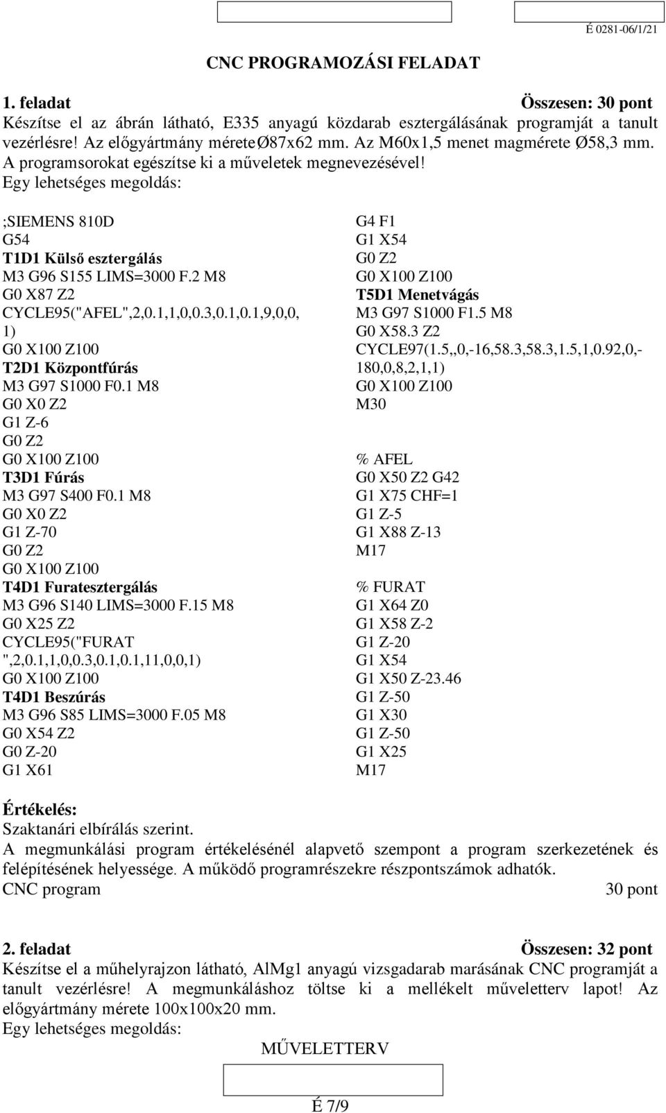 2 M8 G0 X87 Z2 CYCLE95("AFEL",2,0.1,1,0,0.3,0.1,0.1,9,0,0, 1) T2D1 Központfúrás M3 G97 S1000 F0.1 M8 G0 X0 Z2 G1 Z-6 G0 Z2 T3D1 Fúrás M3 G97 S400 F0.