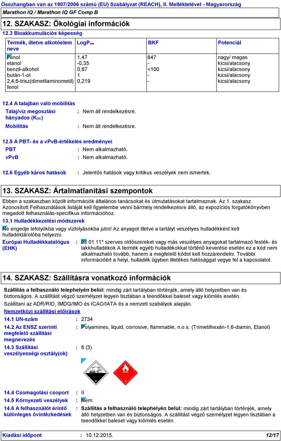 kicsi/alacsony 2,4,6-trisz(dimetilaminometil) fenol 0,219 - kicsi/alacsony 12.4 A talajban való mobilitás Talaj/víz megoszlási hányados (KOC) Mobilitás 12.