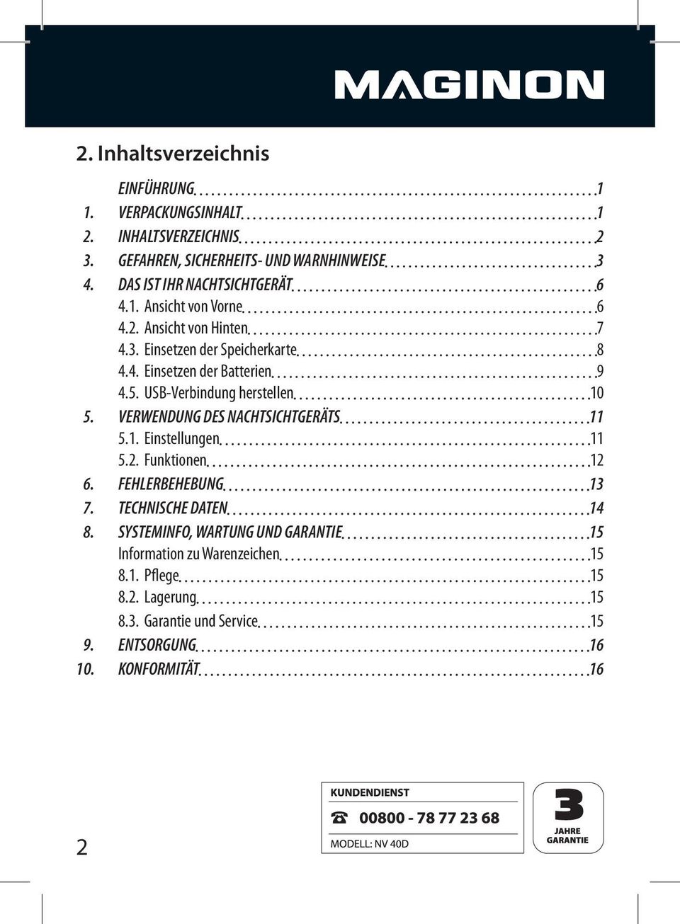 VERWENDUNG DES NACHTSICHTGERÄTS 11 11 5.2. Funktionen 12 6. FEHLERBEHEBUNG 13 7. TECHNISCHE DATEN 14 8.