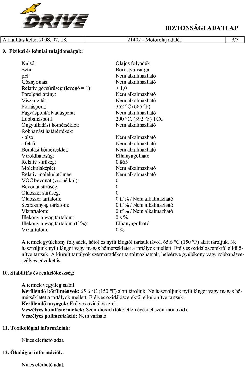 Fagyáspont/olvadáspont: Lobbanáspont: 200 C.