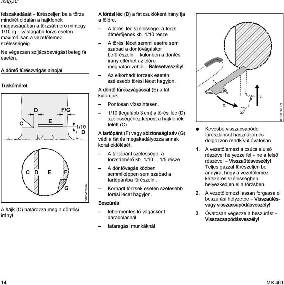 E G 1/10 D 001BA259 K A törési léc (D) a fát csuklóként irányítja a földre. A törési léc szélessége: a törzs átmérőjének kb.